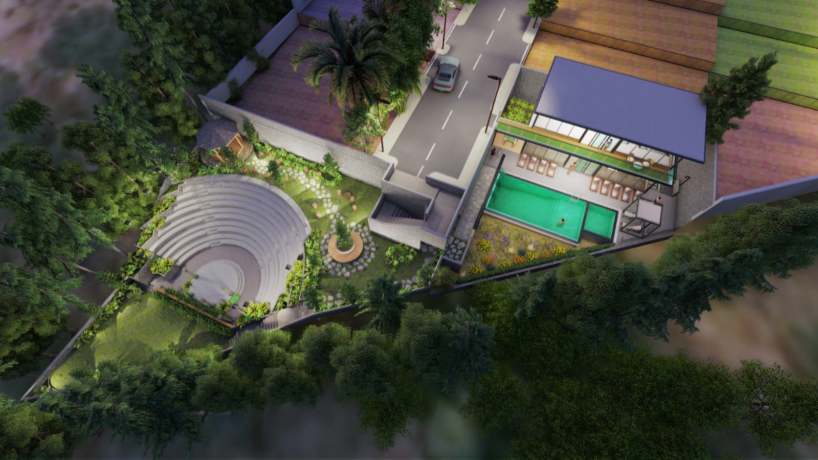 Clubhouse, pool and amphitheatre from above